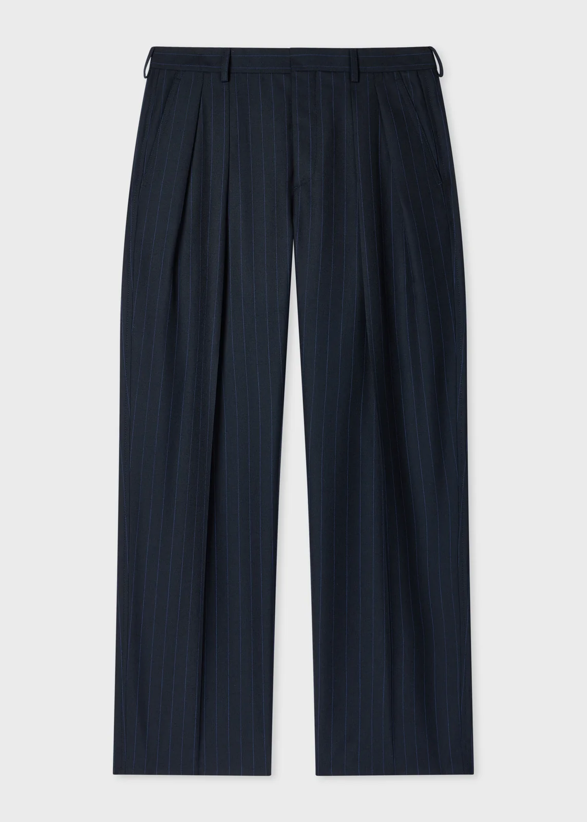 Navy Pinstripe Wool Pleated Trousers