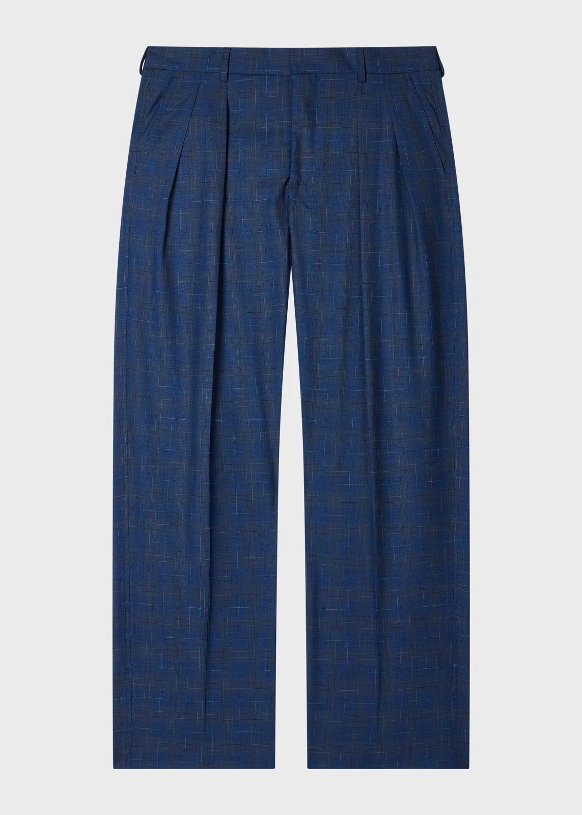 Navy Space-Dye Check Wool Pleated Trousers