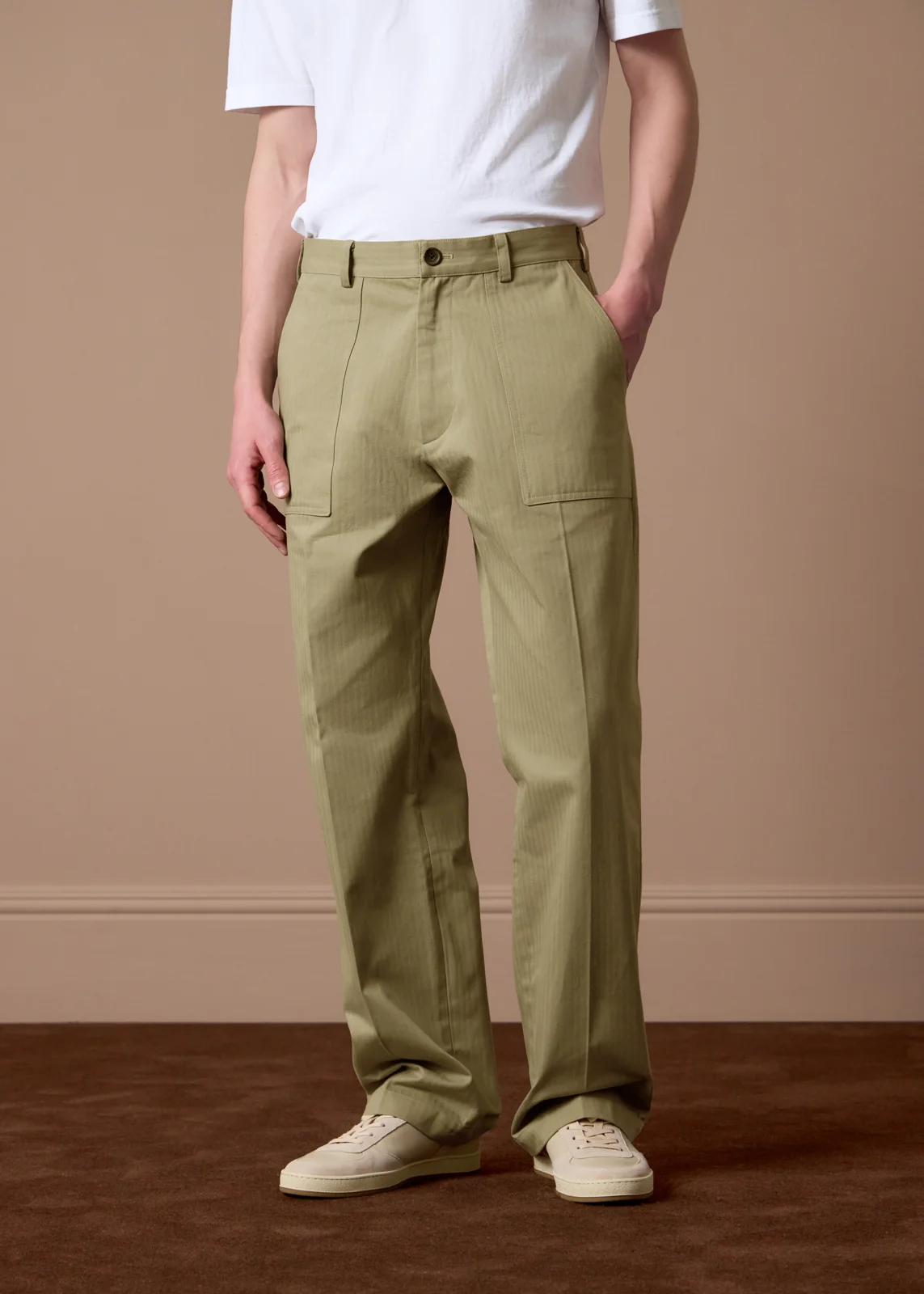 Stone Cotton Herringbone Fatigue Trousers