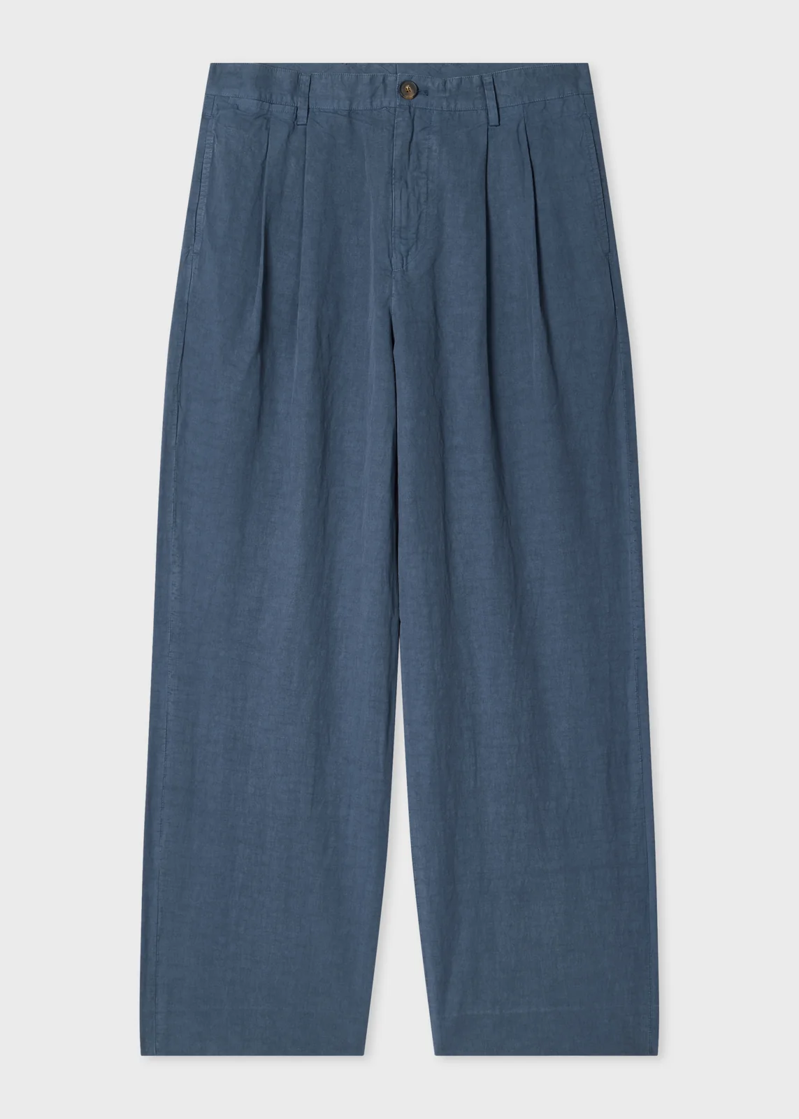 Washed Navy Cotton-Linen Double Pleat Trousers