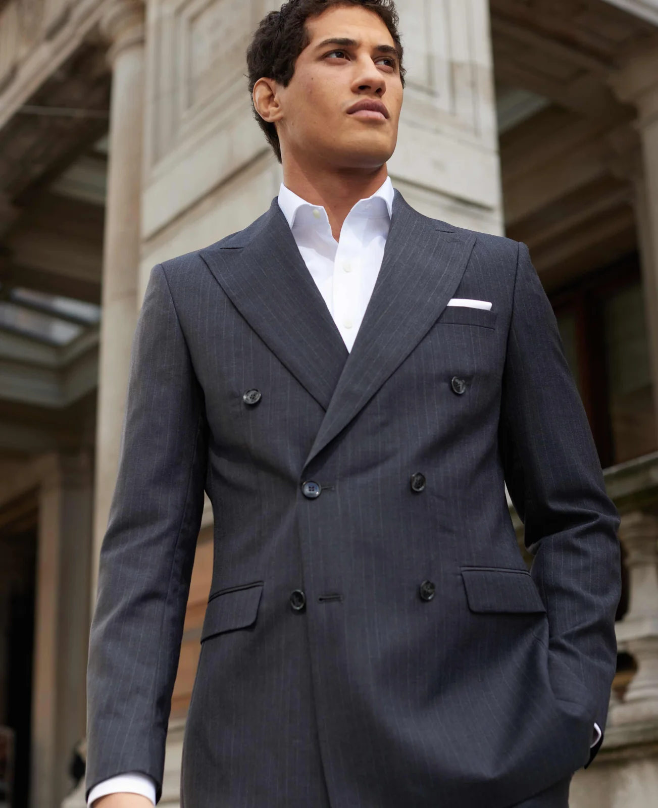 Grey Wool Blend Chalk Stripe Double Breasted Tailored Suit thumbnail 3