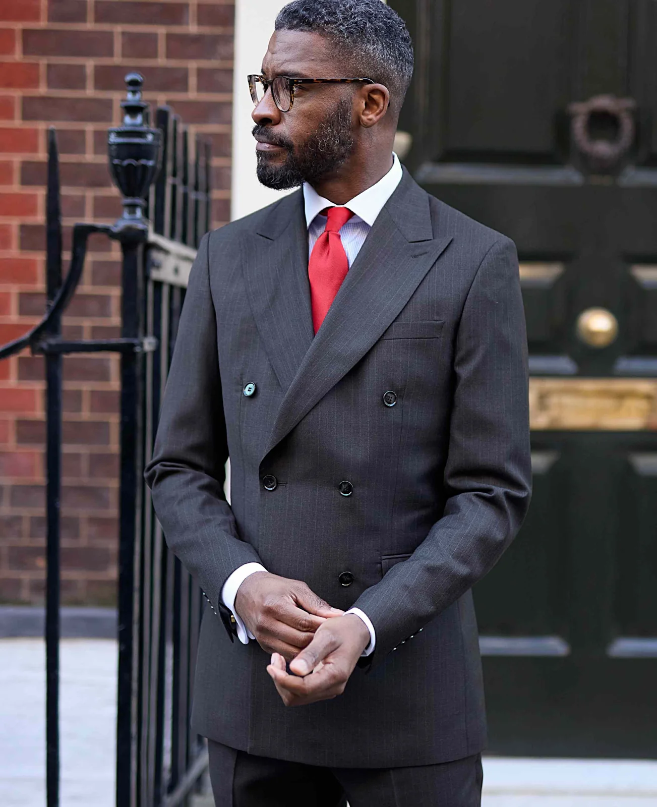 Grey Wool Blend Chalk Stripe Double Breasted Tailored Suit thumbnail 5