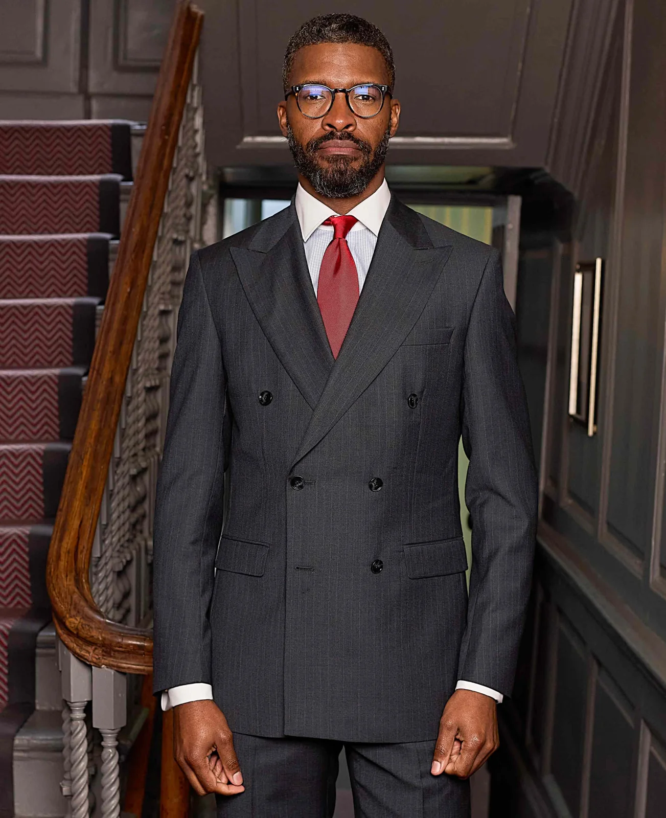 Grey Wool Blend Chalk Stripe Double Breasted Tailored Suit thumbnail 7