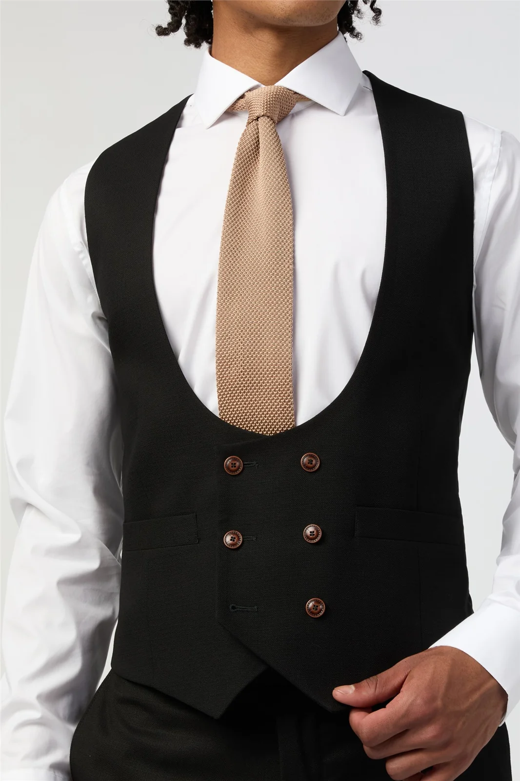 Antique Rogue Black Texture Double Breasted Stretch Waistcoat thumbnail 2