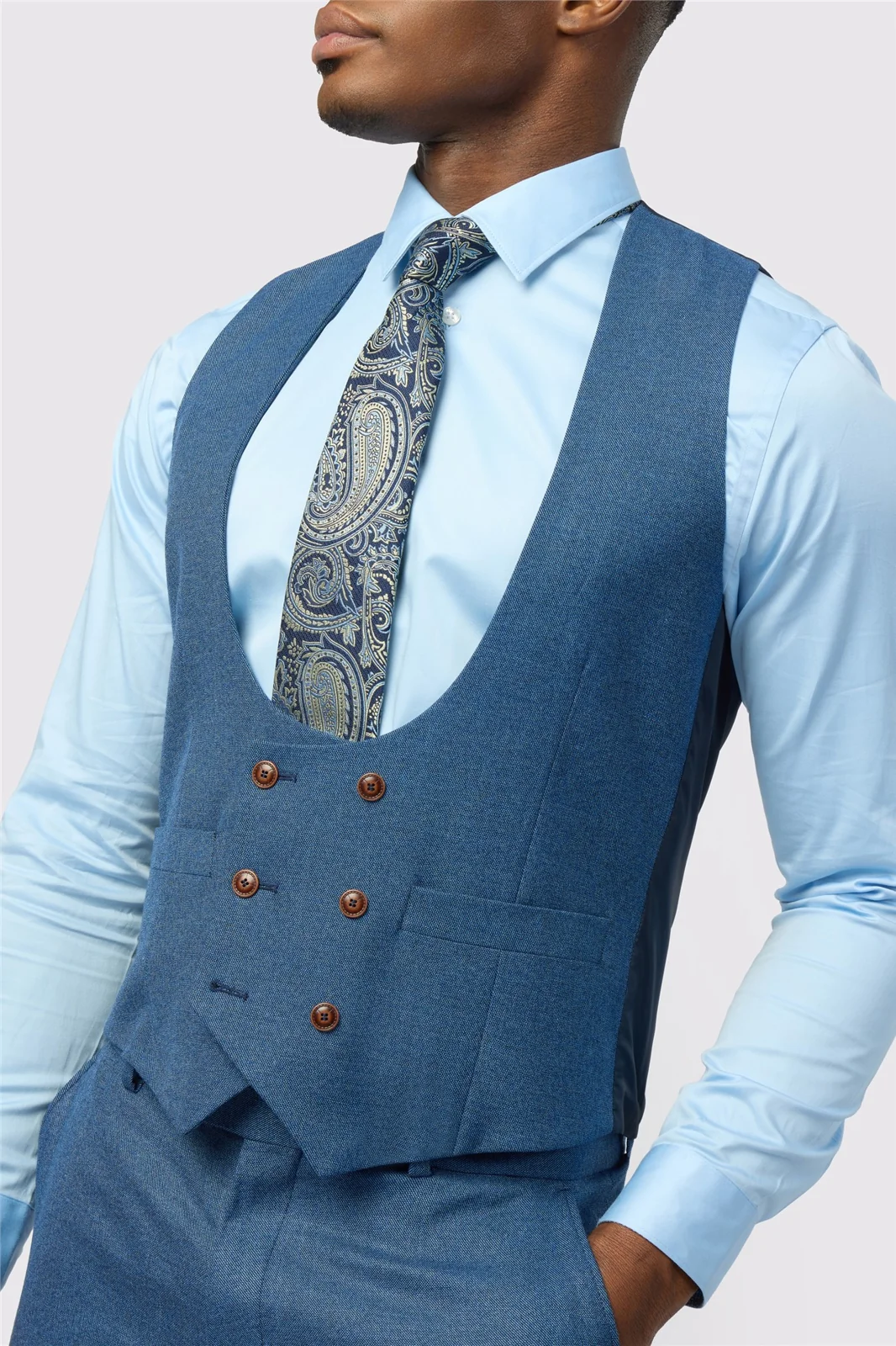 Antique Rogue Blue Textured Double Breasted Stretch Waistcoat thumbnail 2