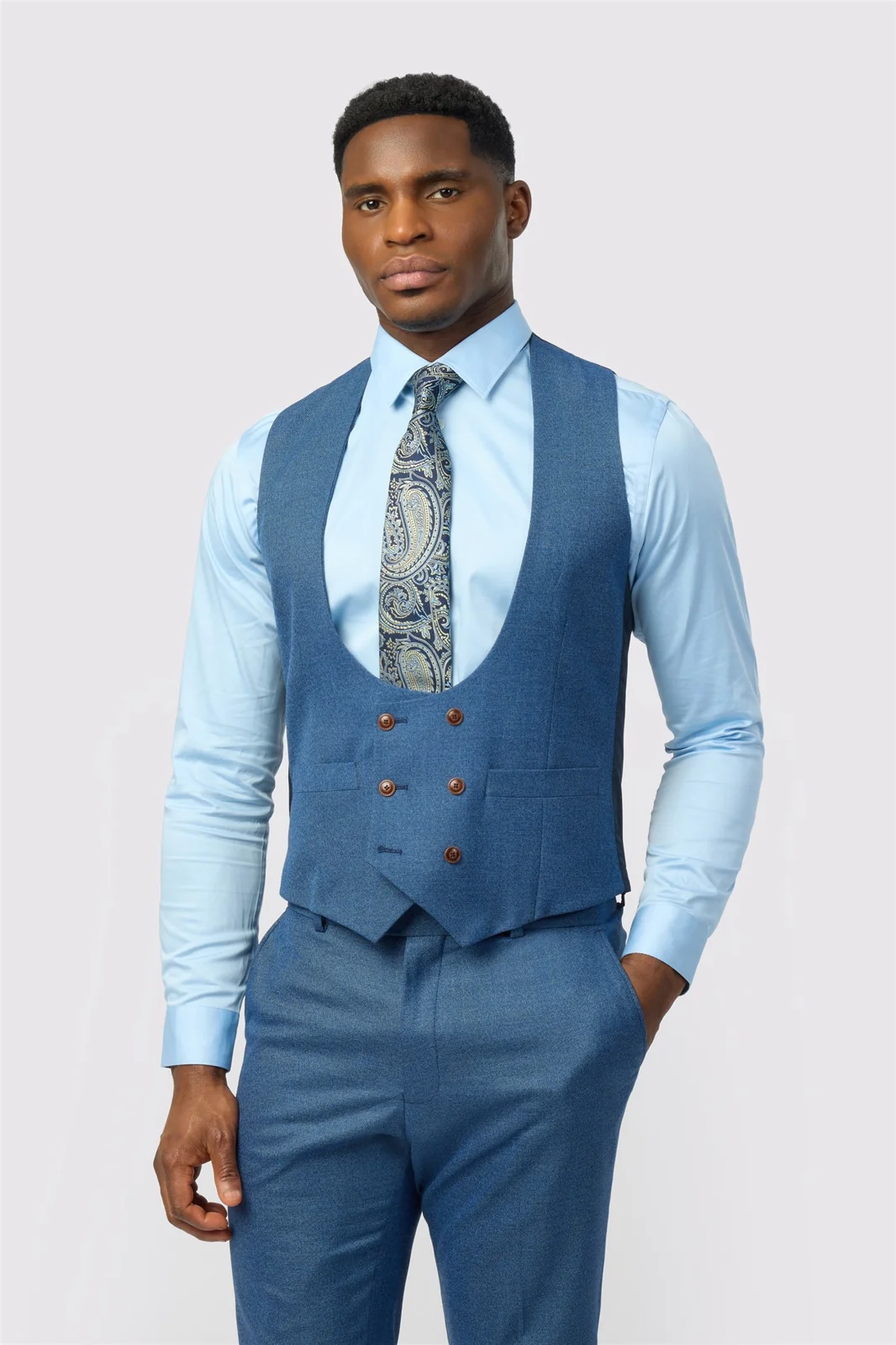 Antique Rogue Blue Textured Double Breasted Stretch Waistcoat primary image