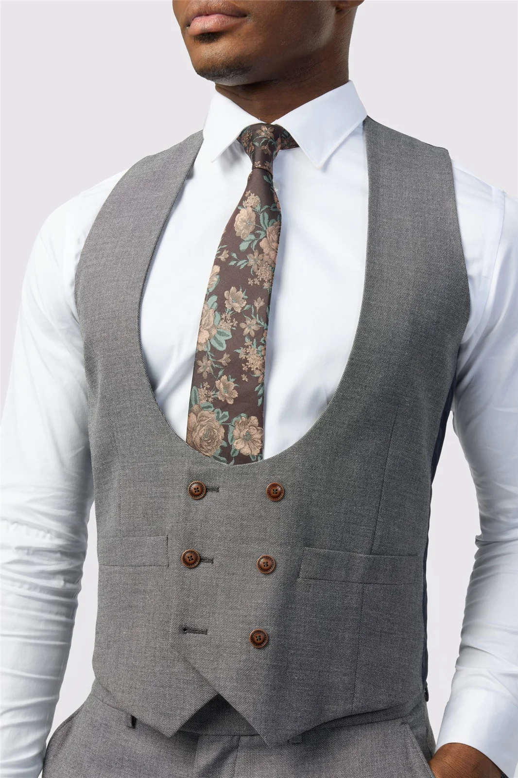 Antique Rogue Grey Texture Double Breasted Stretch Waistcoat thumbnail 2