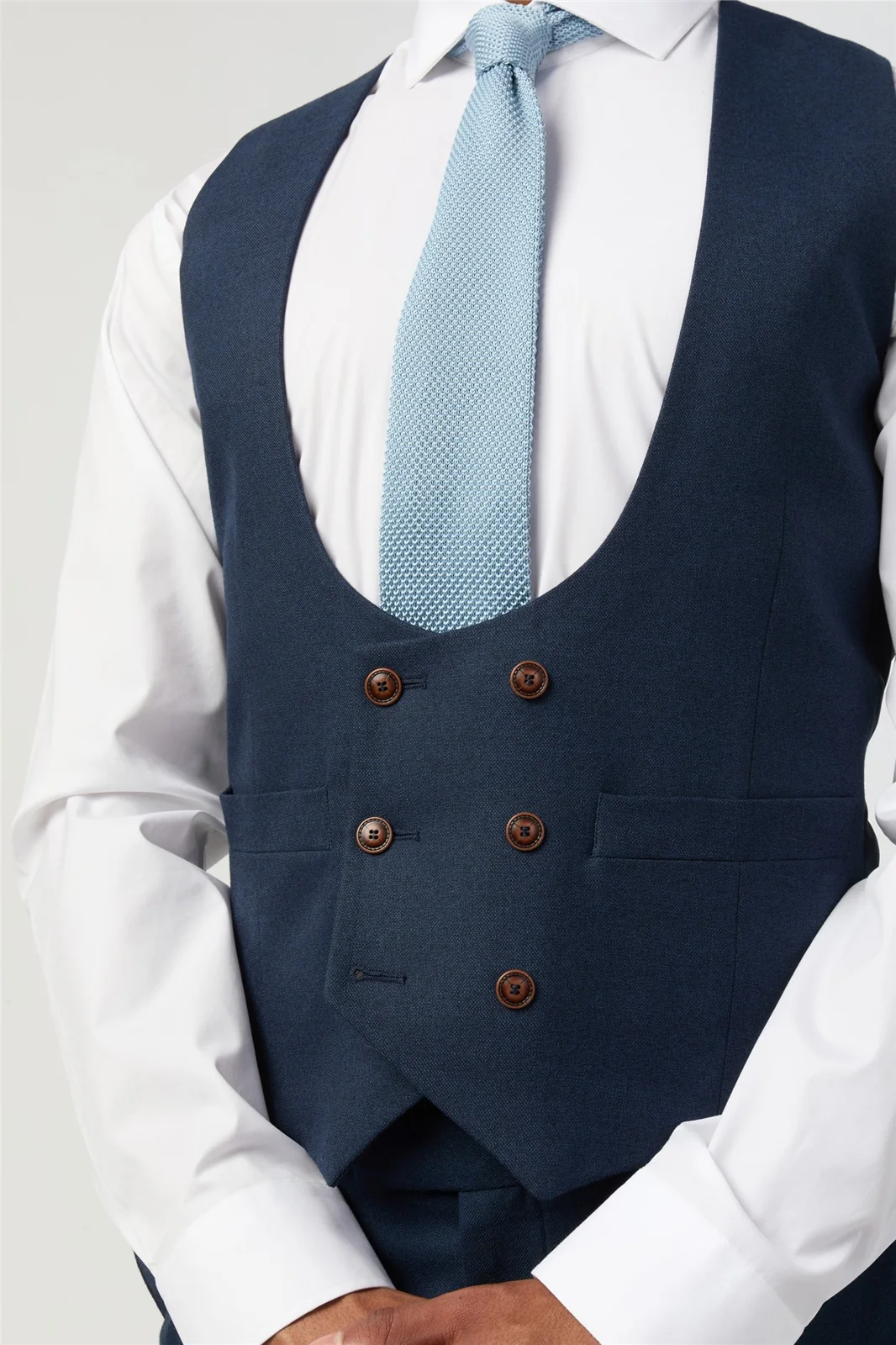 Antique Rogue Navy Texture Double Breasted Stretch Waistcoat thumbnail 2