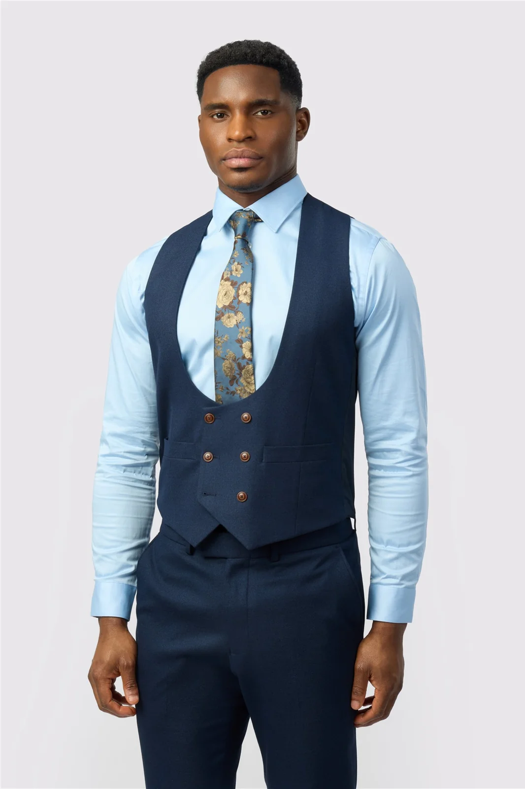Antique Rogue Navy Texture Double Breasted Stretch Waistcoat primary image