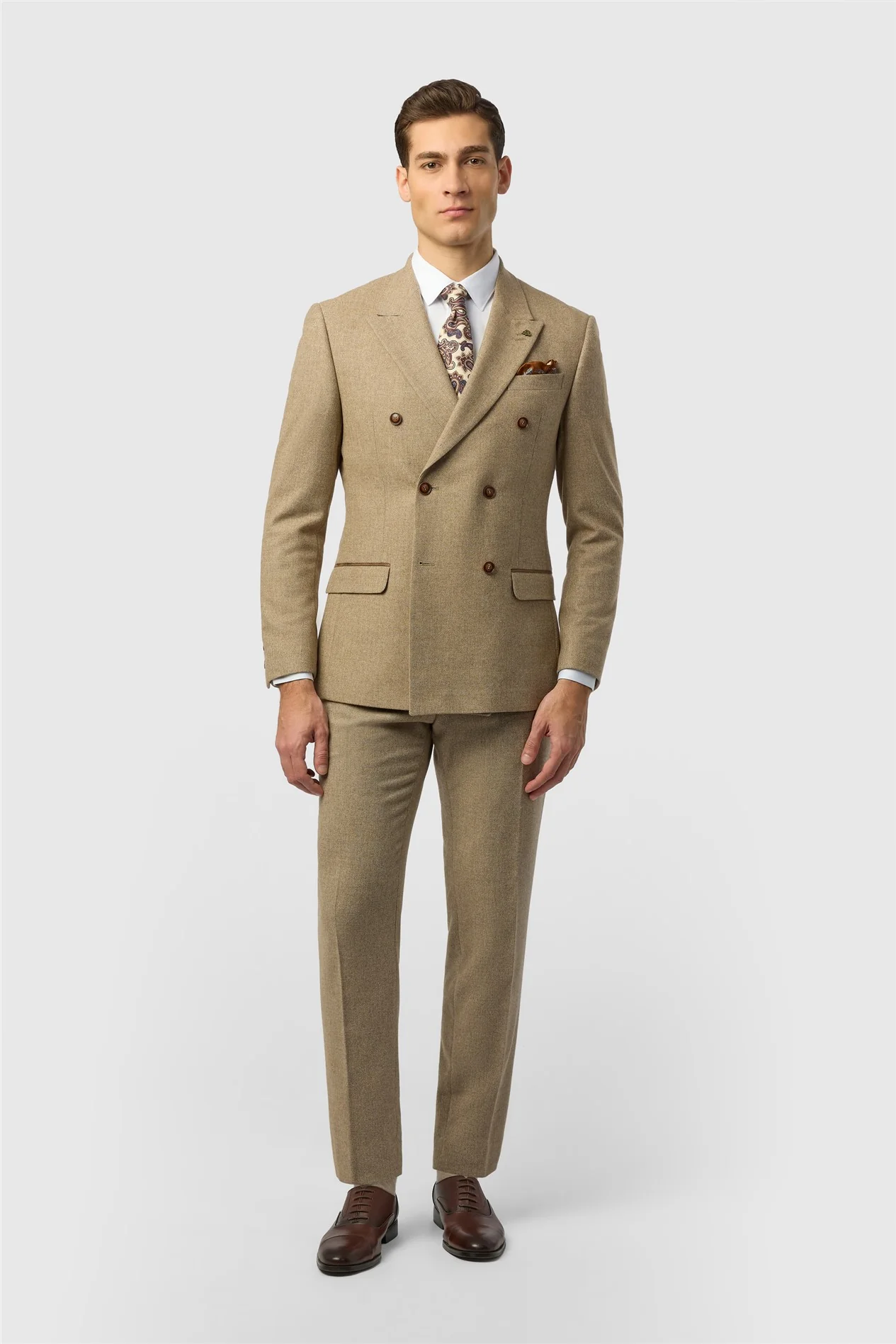 Antique Rogue Slim Fit Baxter Double Breasted Camel Herringbone Tweed Jacket thumbnail 2
