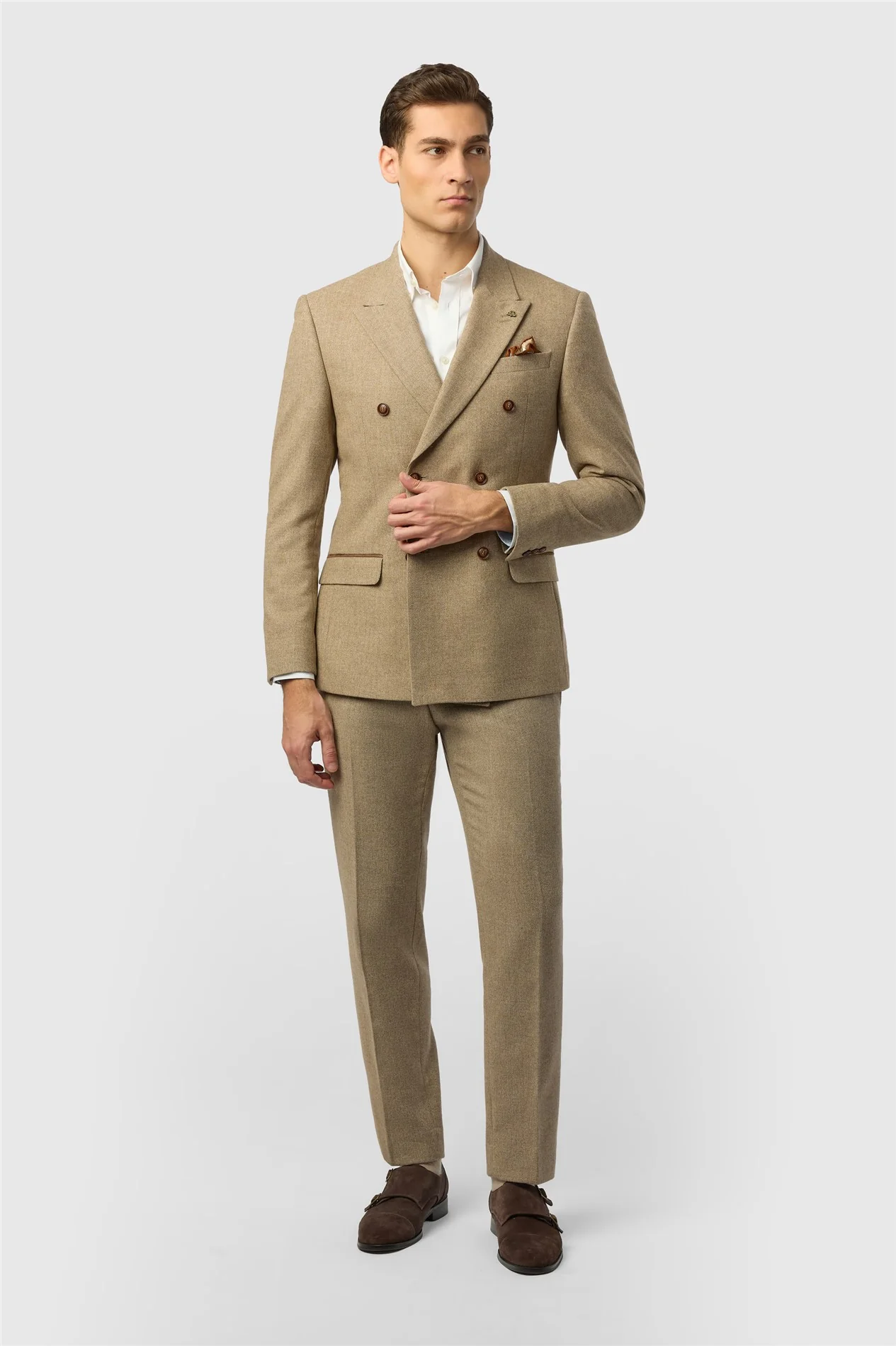Antique Rogue Slim Fit Baxter Double Breasted Camel Herringbone Tweed Jacket thumbnail 3