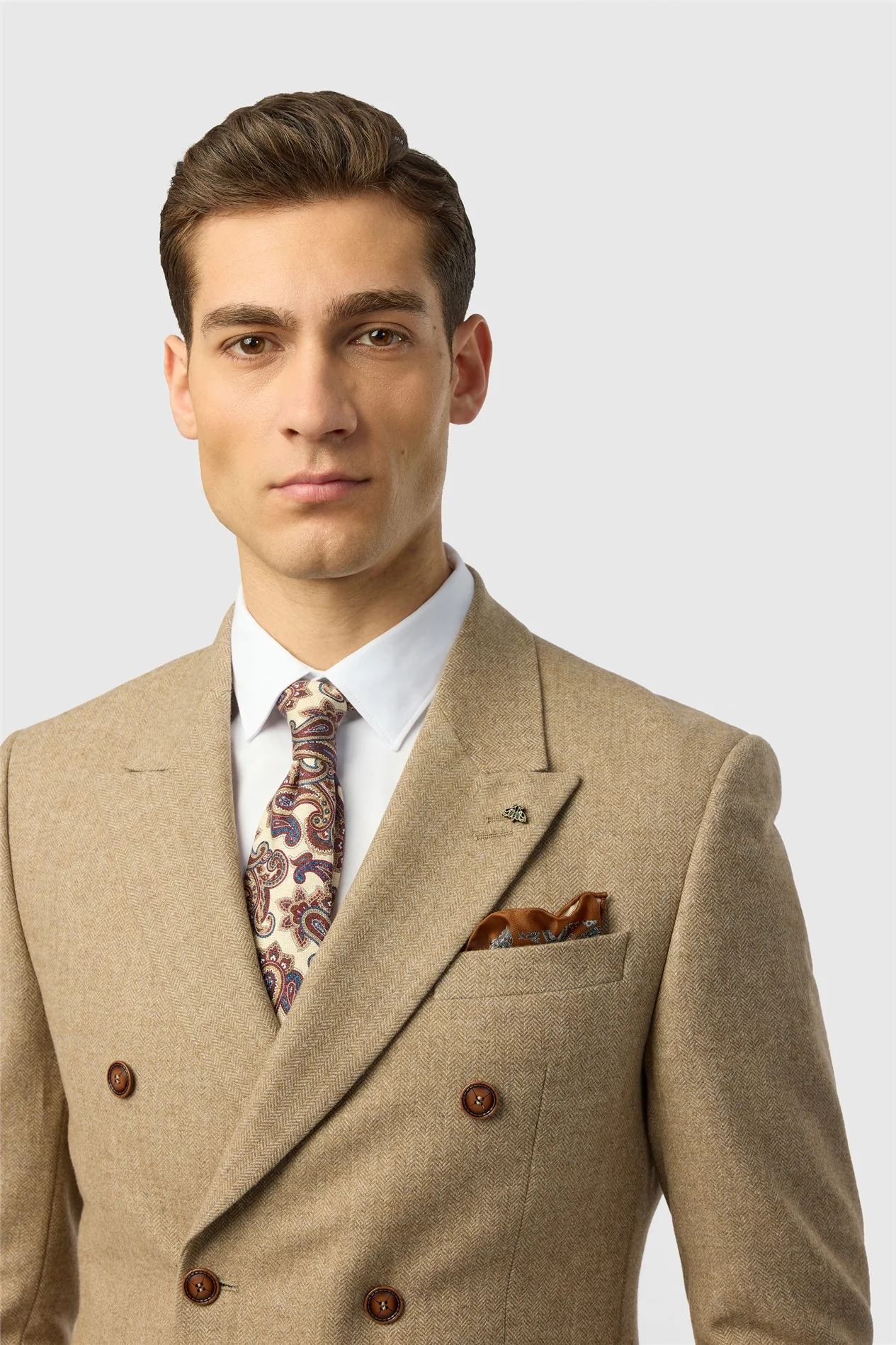 Antique Rogue Slim Fit Baxter Double Breasted Camel Herringbone Tweed Jacket thumbnail 4