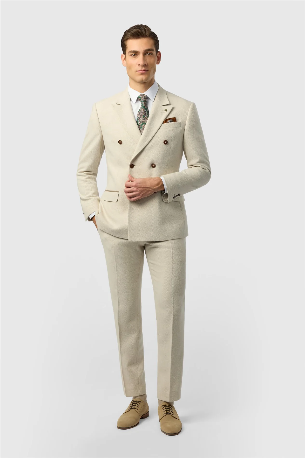 Antique Rogue Slim Fit Baxter Ecru Double Breasted Herringbone Jacket thumbnail 2