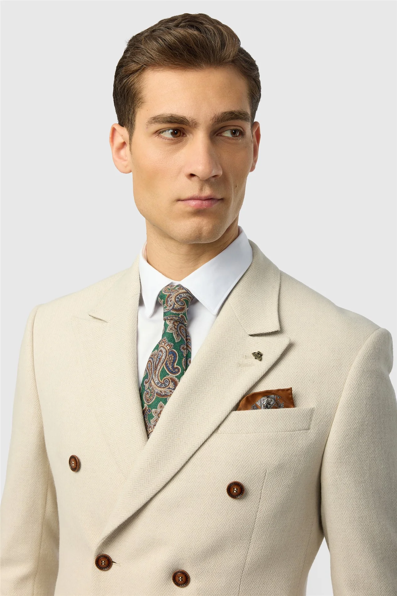 Antique Rogue Slim Fit Baxter Ecru Double Breasted Herringbone Jacket thumbnail 3