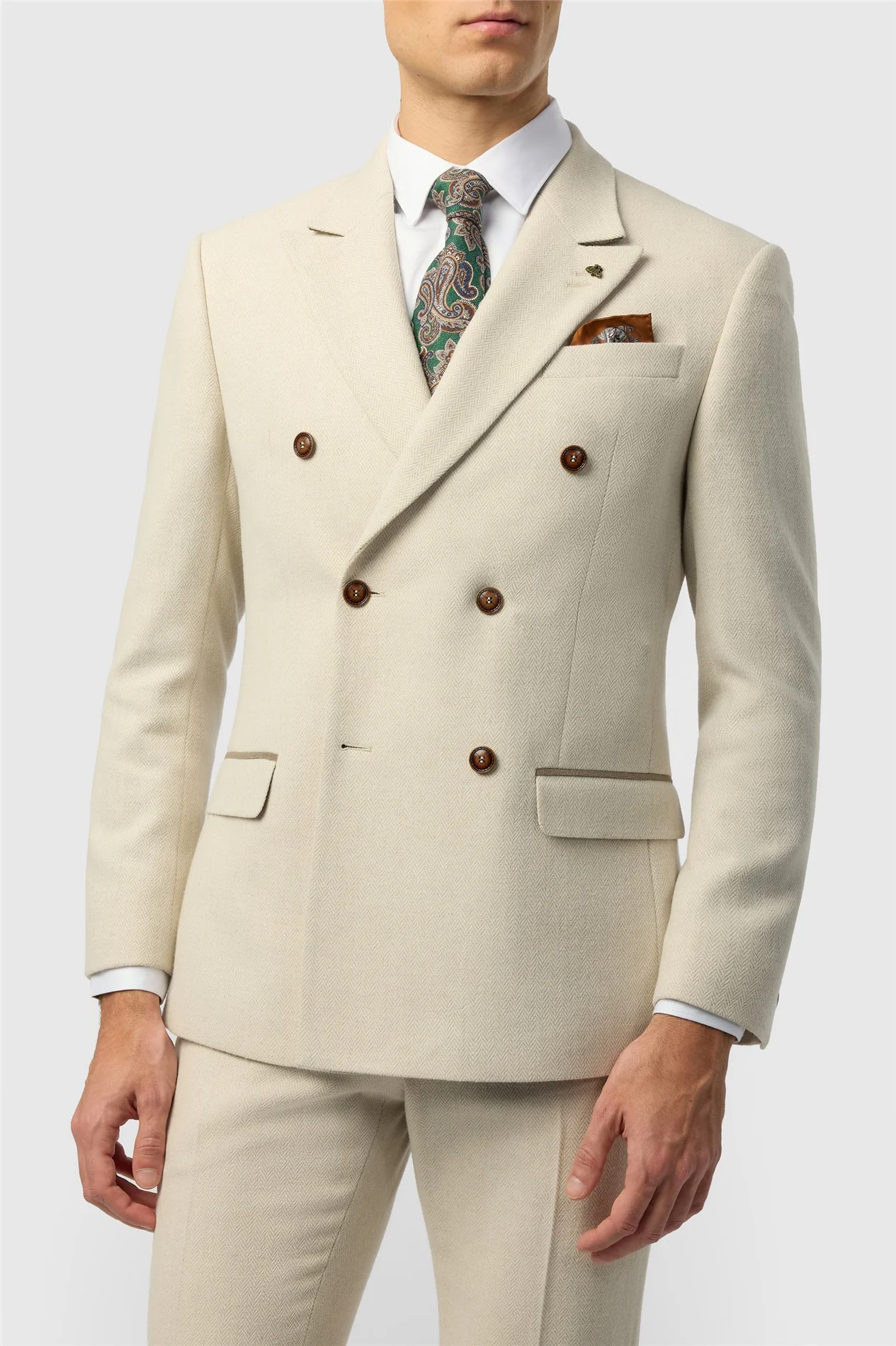 Antique Rogue Slim Fit Baxter Ecru Double Breasted Herringbone Jacket thumbnail 4
