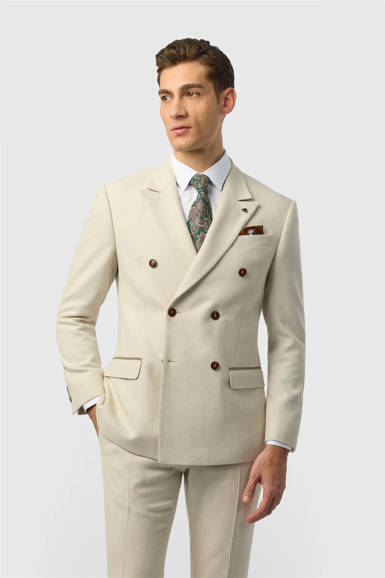Antique Rogue Slim Fit Baxter Ecru Double Breasted Herringbone Jacket