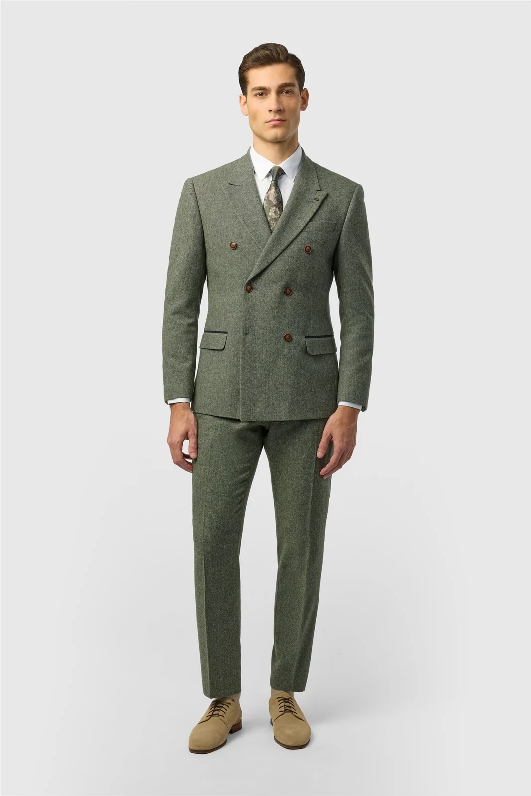 Antique Rogue Slim Fit Baxter Sage Double Breasted Herringbone Jacket thumbnail 2