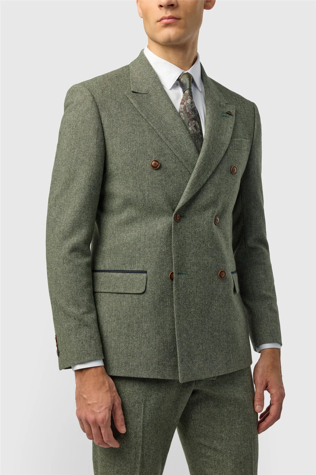 Antique Rogue Slim Fit Baxter Sage Double Breasted Herringbone Jacket thumbnail 3