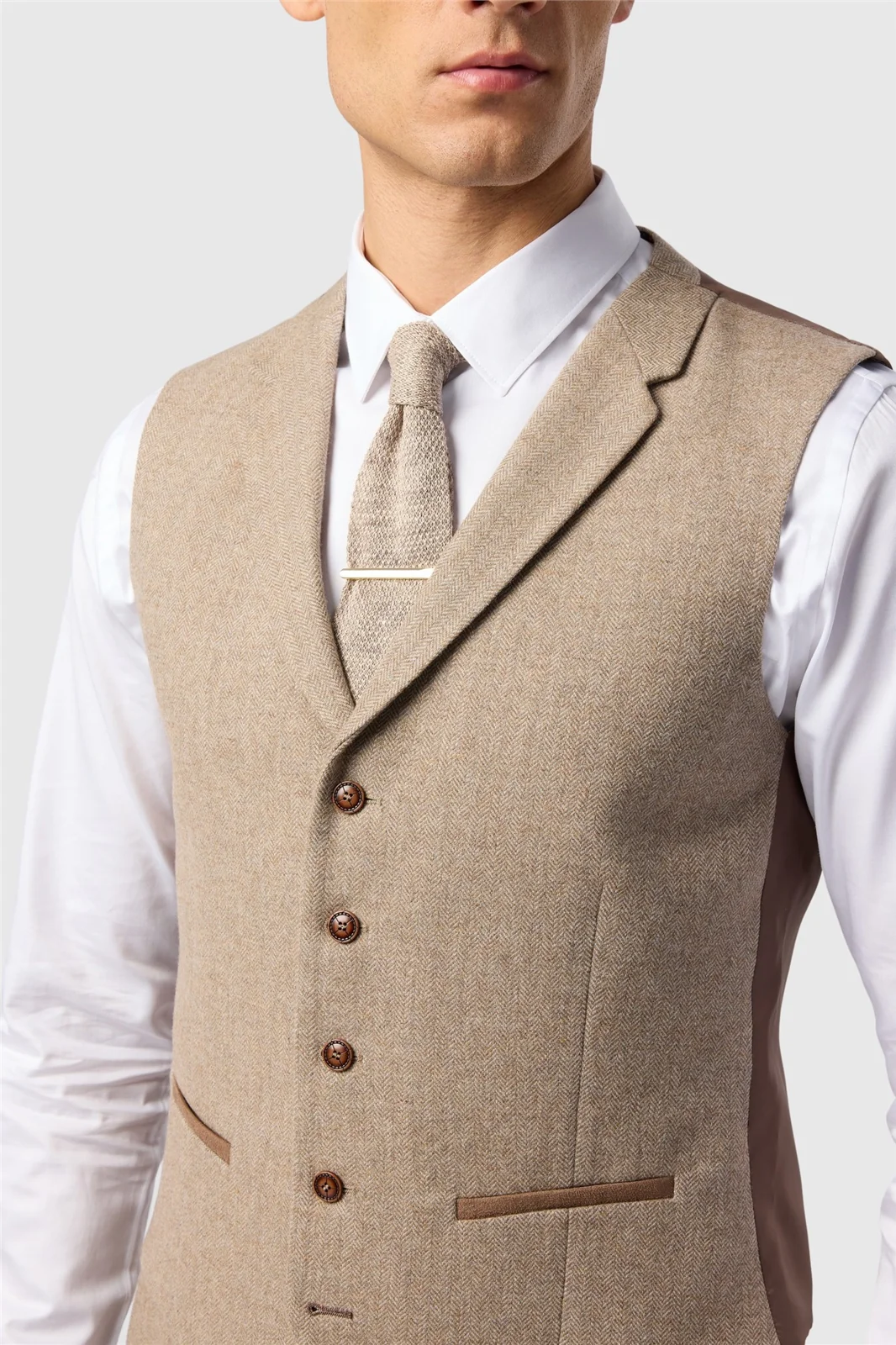 Antique Rogue Slim Fit Camel Herringbone Tweed Waistcoat thumbnail 2