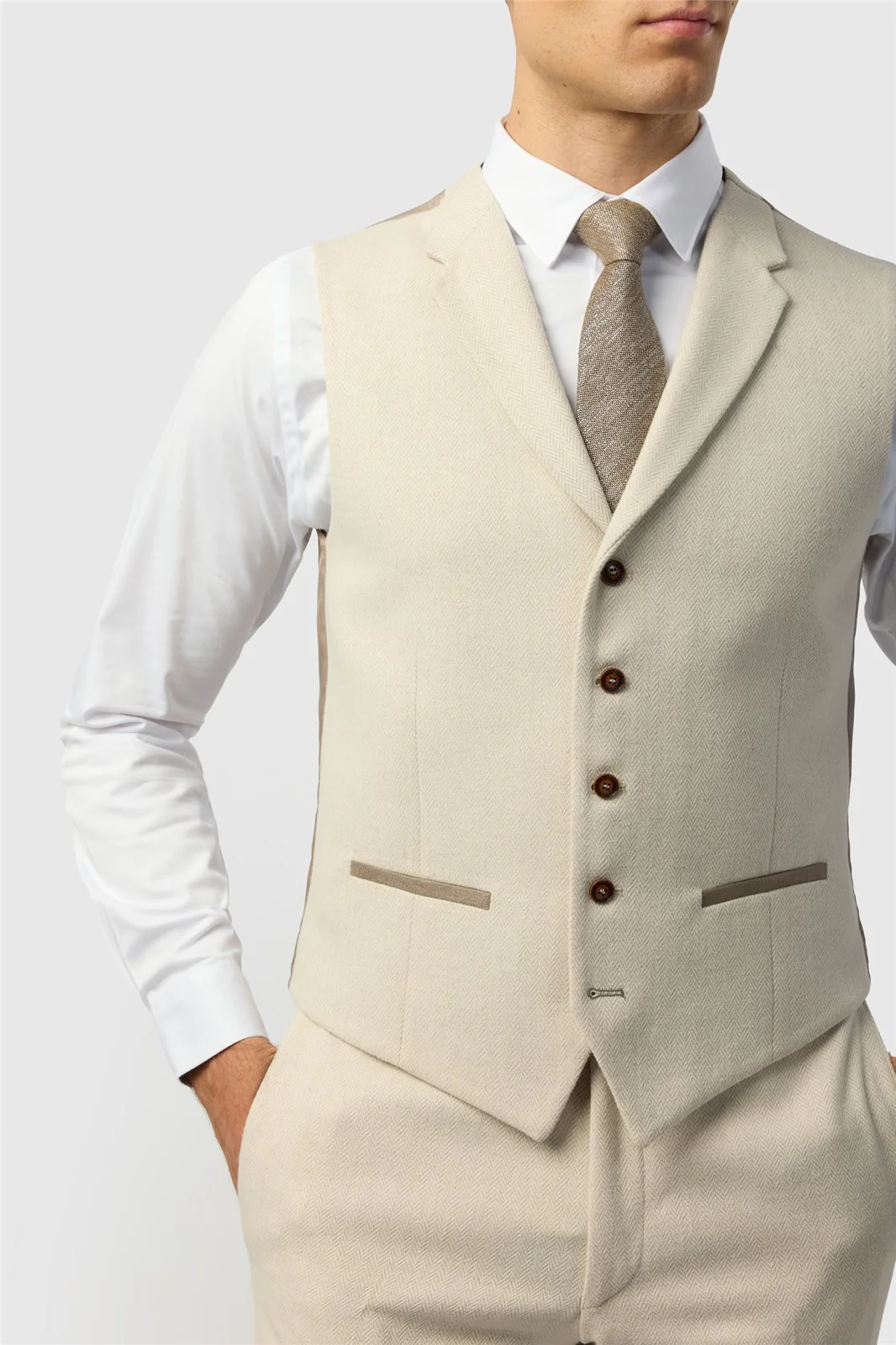 Antique Rogue Slim Fit Ecru Herringbone Tweed Waistcoat thumbnail 2