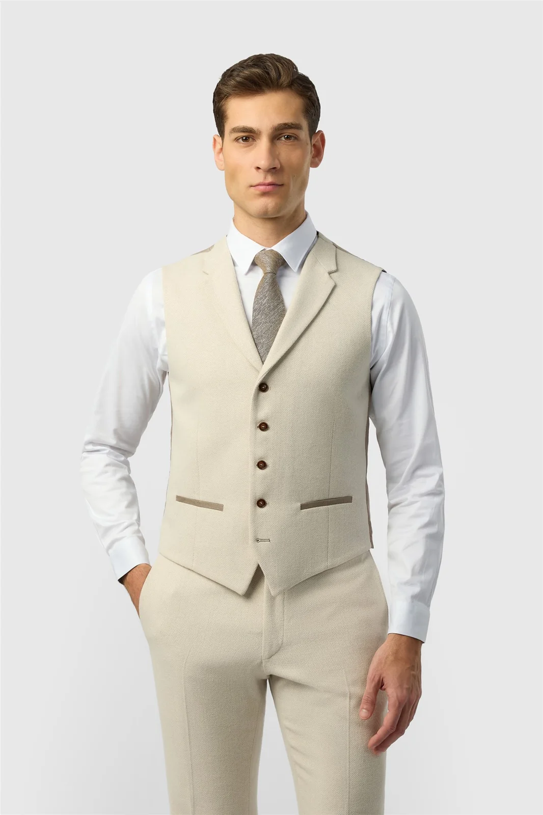 Antique Rogue Slim Fit Ecru Herringbone Tweed Waistcoat primary image