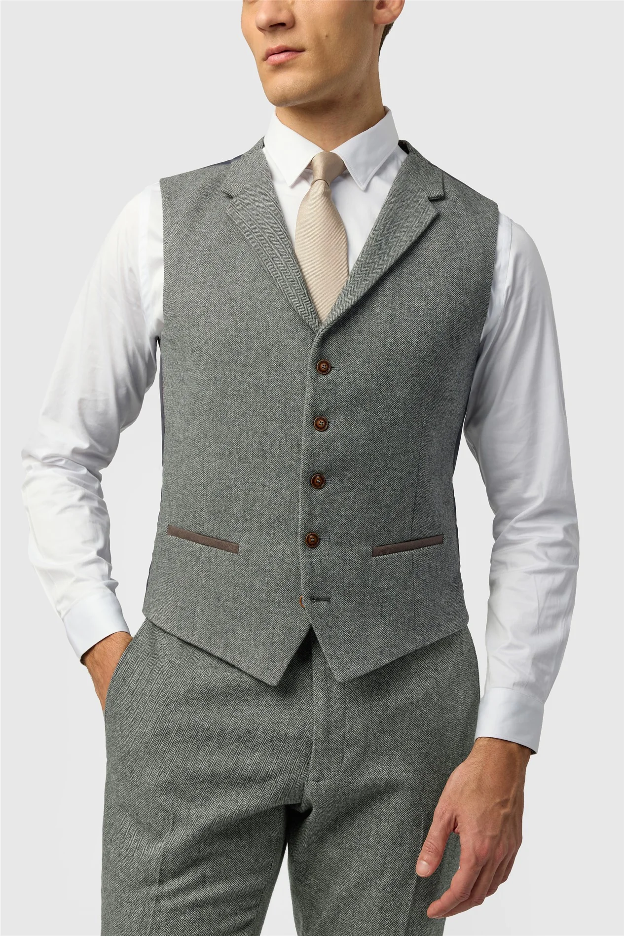 Antique Rogue Slim Fit Grey Herringbone Tweed Waistcoat thumbnail 2
