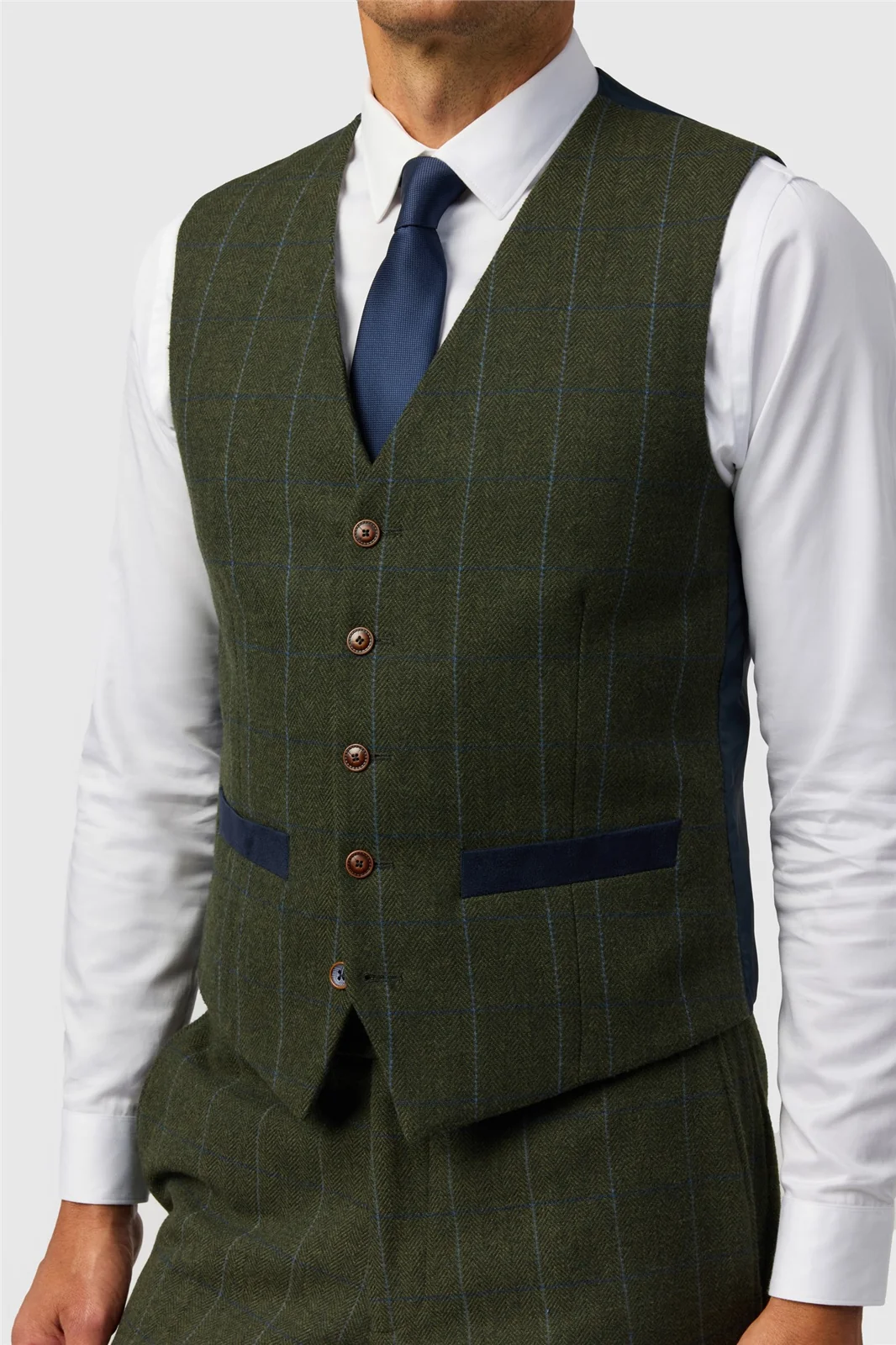 Antique Rogue Slim Fit Hooper Green And Blue Check Tweed Waistcoat thumbnail 2
