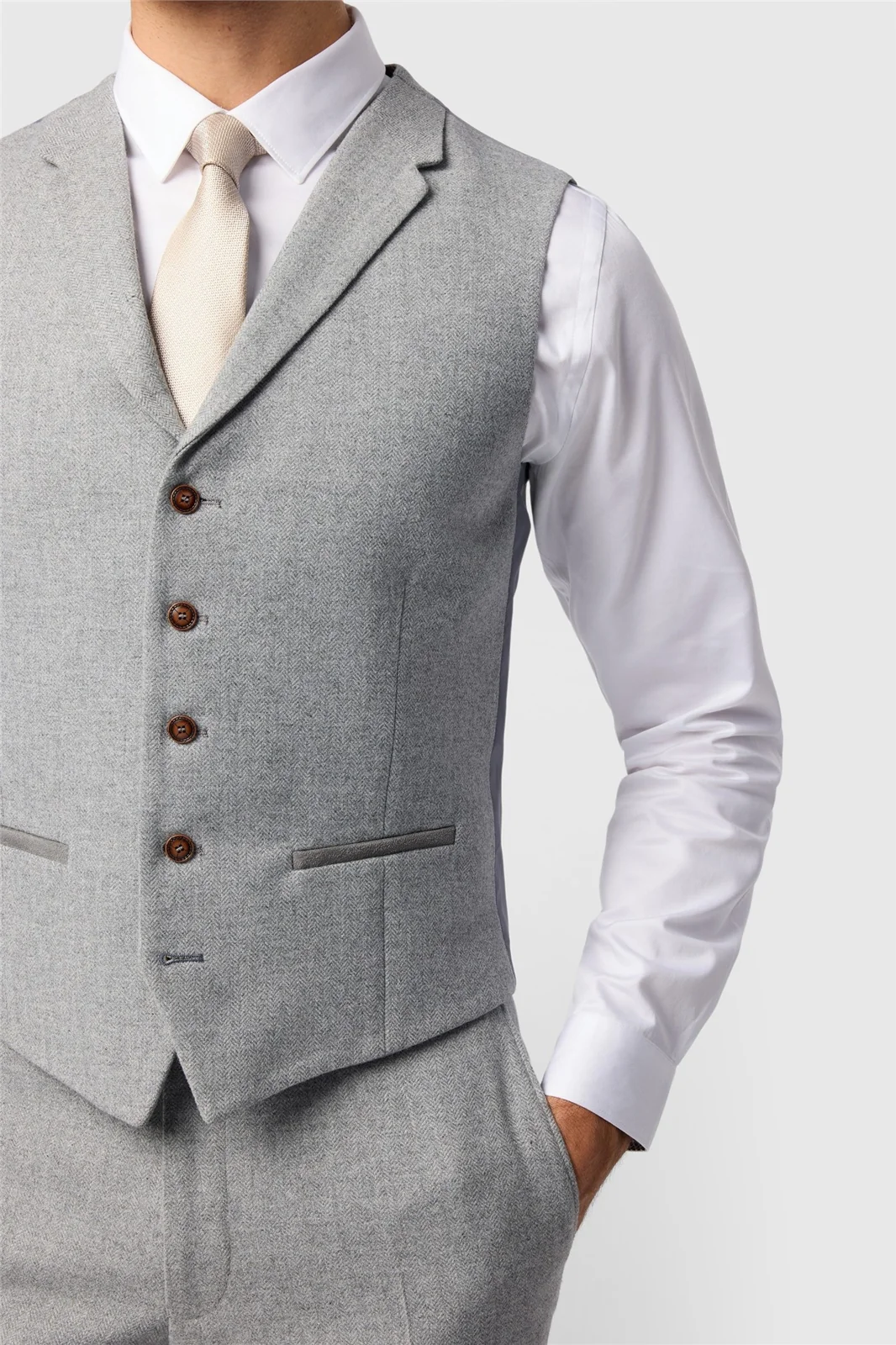 Antique Rogue Slim Fit Pale Grey Herringbone Waistcoat thumbnail 2