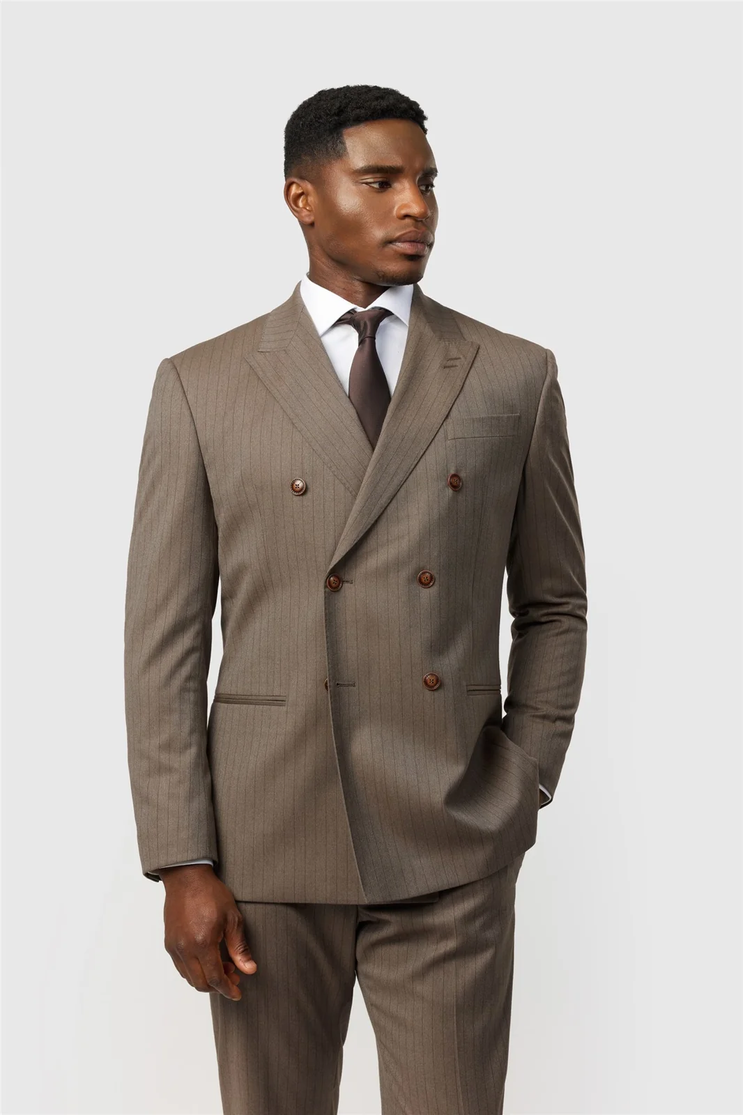 Antique Rogue Tailored Fit Evren Taupe Pinstripe Flannel Double Breasted Jacket