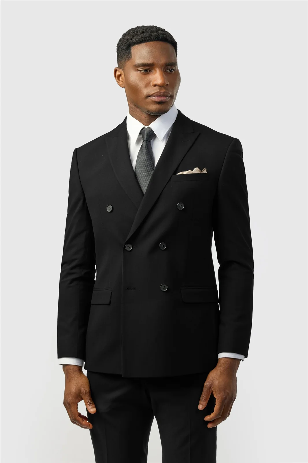Limehaus Slim Fit Black Stretch Double Breasted Suit Jacket