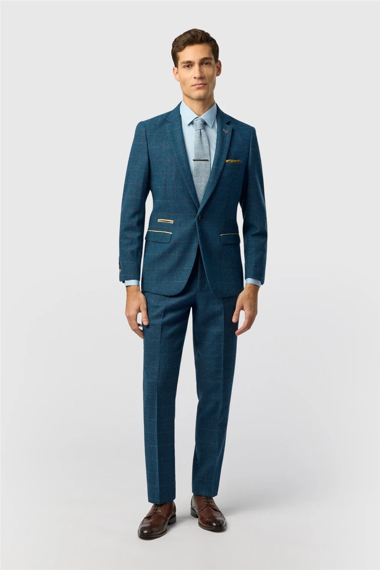 Marc Darcy Slim Fit Dion Blue Tweed Herringbone Check Jacket thumbnail 3