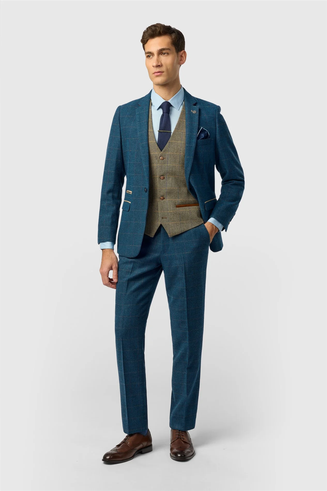 Marc Darcy Slim Fit Dion Blue Tweed Herringbone Check Jacket thumbnail 4