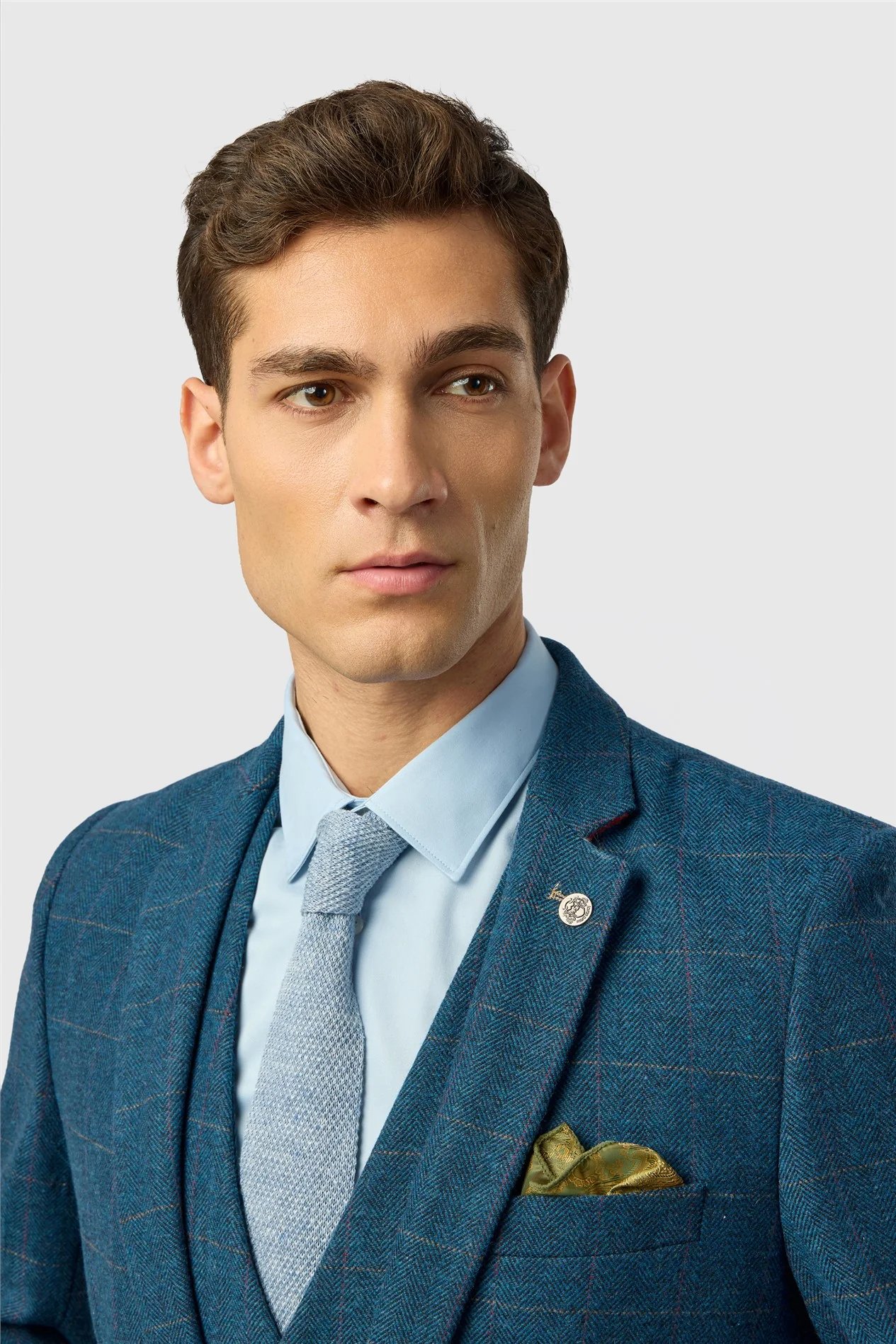 Marc Darcy Slim Fit Dion Blue Tweed Herringbone Check Jacket thumbnail 5