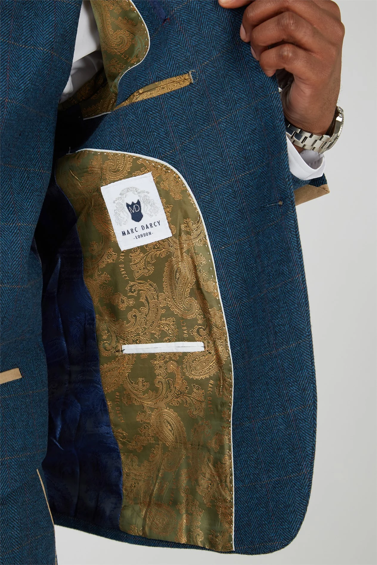 Marc Darcy Slim Fit Dion Blue Tweed Herringbone Check Jacket thumbnail 7