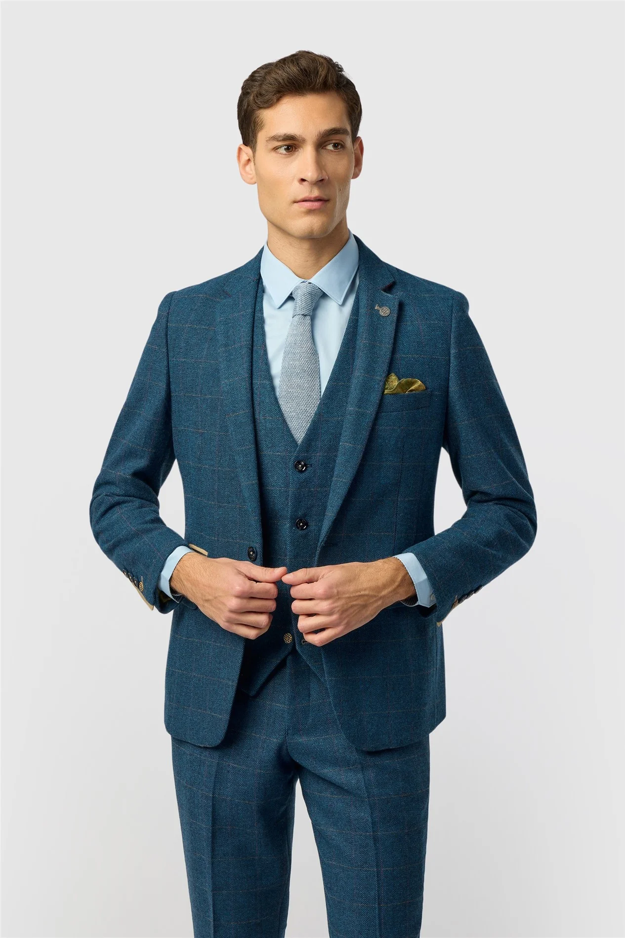 Marc Darcy Slim Fit Dion Blue Tweed Herringbone Check Jacket primary image