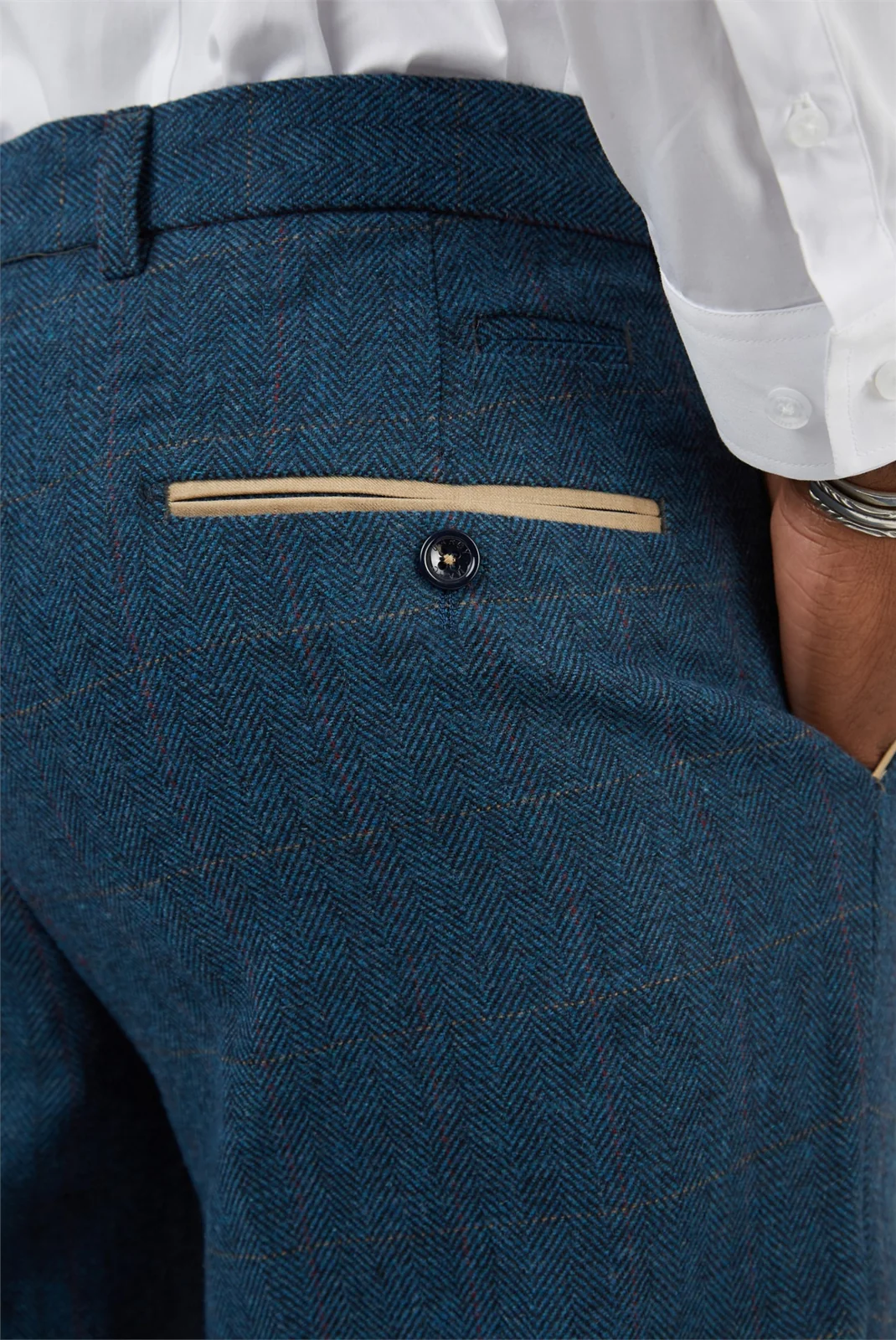 Marc Darcy Slim Fit Dion Blue Tweed Herringbone Check Trousers thumbnail 3
