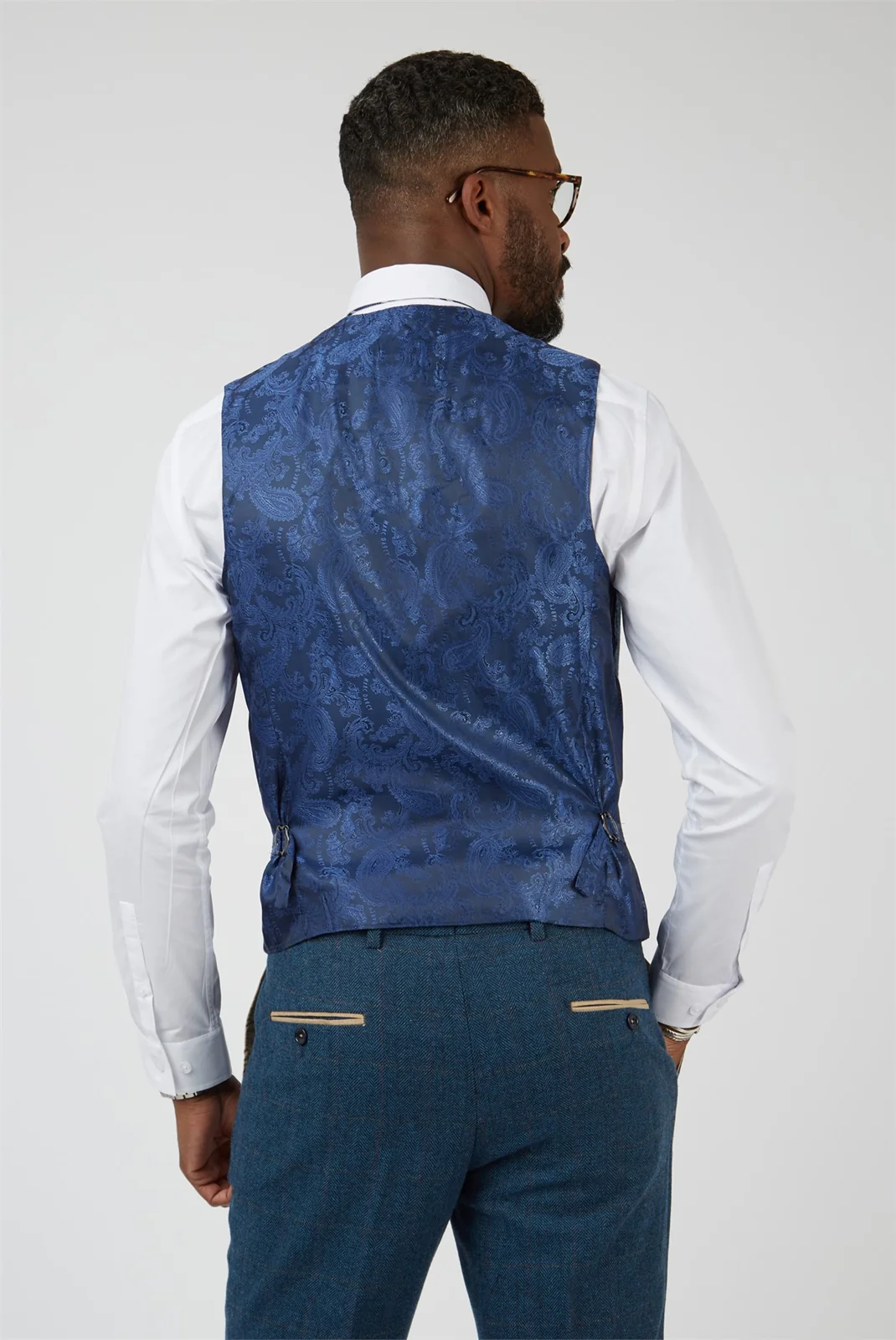 Marc Darcy Slim Fit Dion Blue Tweed Herringbone Check Waistcoat thumbnail 2