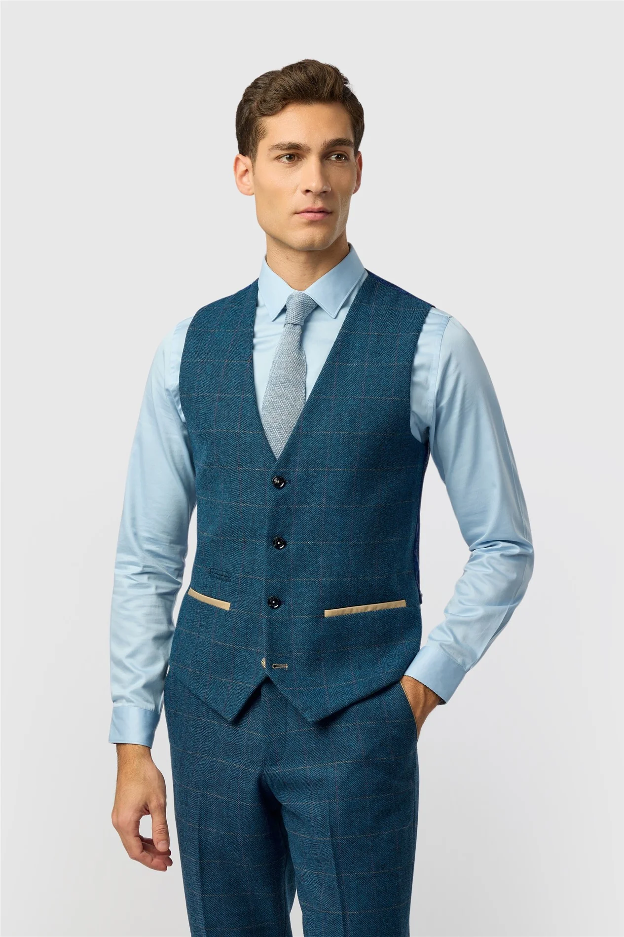 Marc Darcy Slim Fit Dion Blue Tweed Herringbone Check Waistcoat