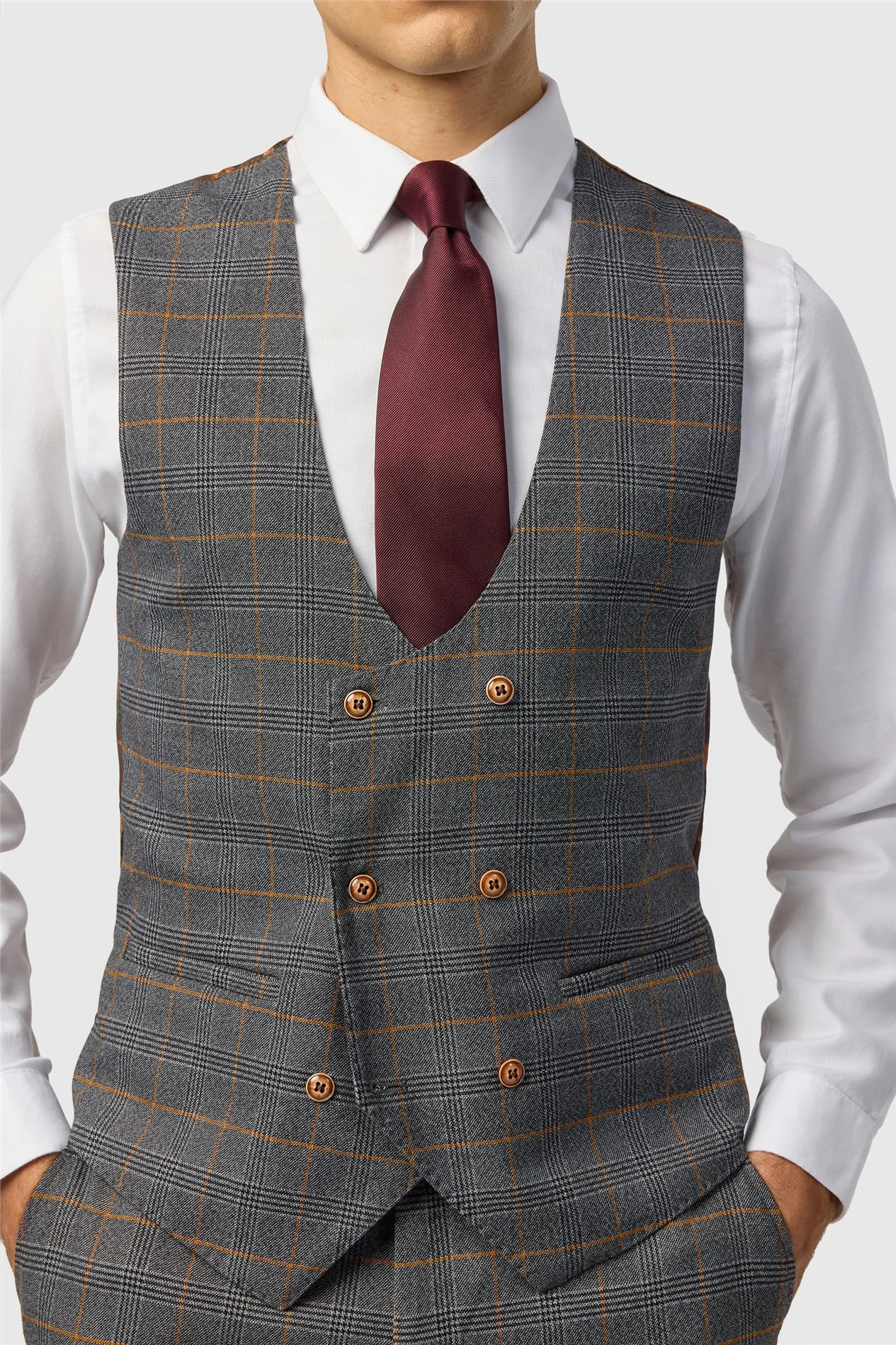 Marc Darcy Slim Fit Jenson Grey Check Double Breasted Waistcoat thumbnail 2