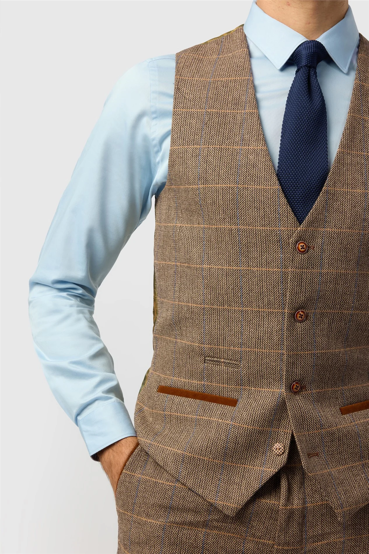 Marc Darcy Tailored Fit Ted Tan Check Suit Waistcoat thumbnail 2