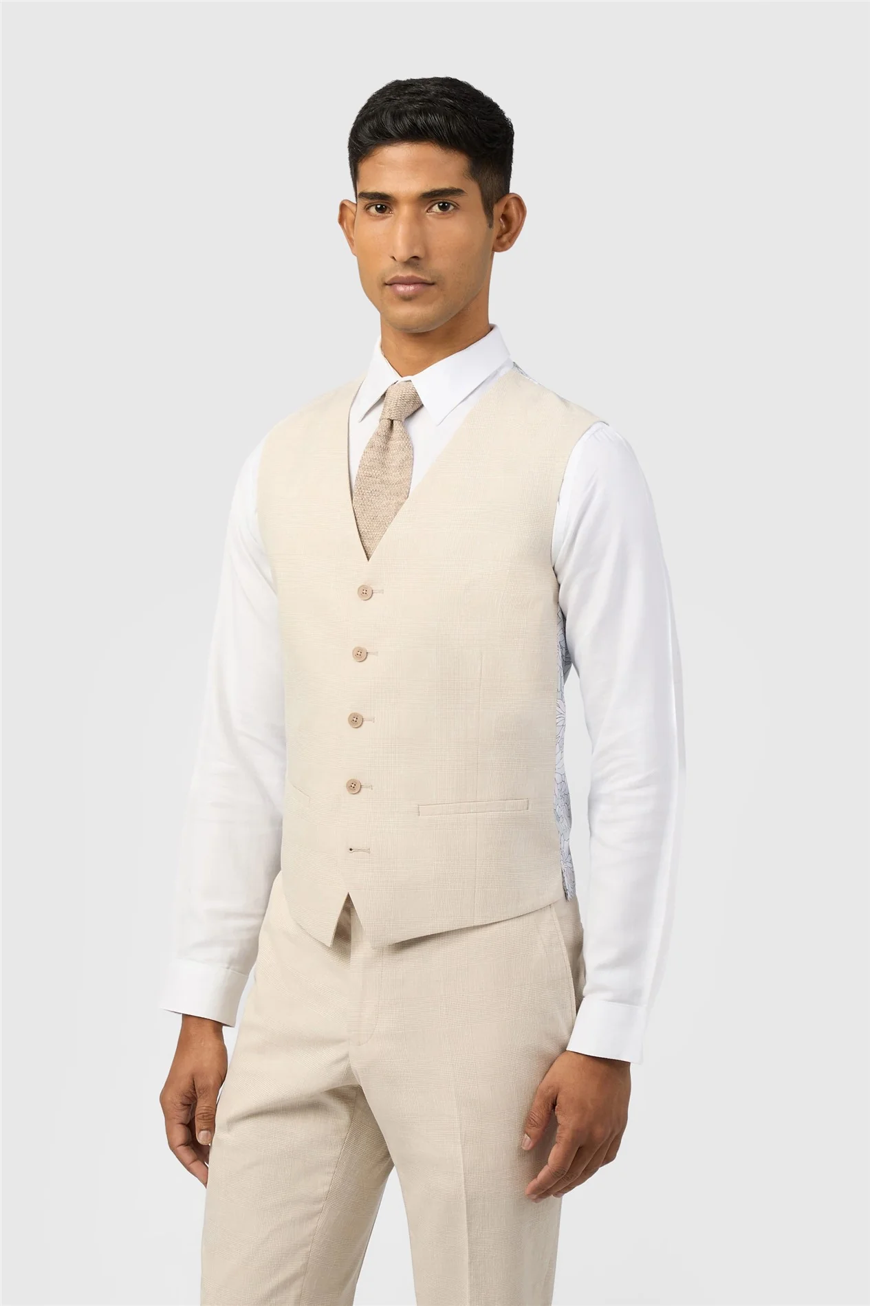 Ted Baker Slim Fit Novara Stone Linen Check Waistcoat