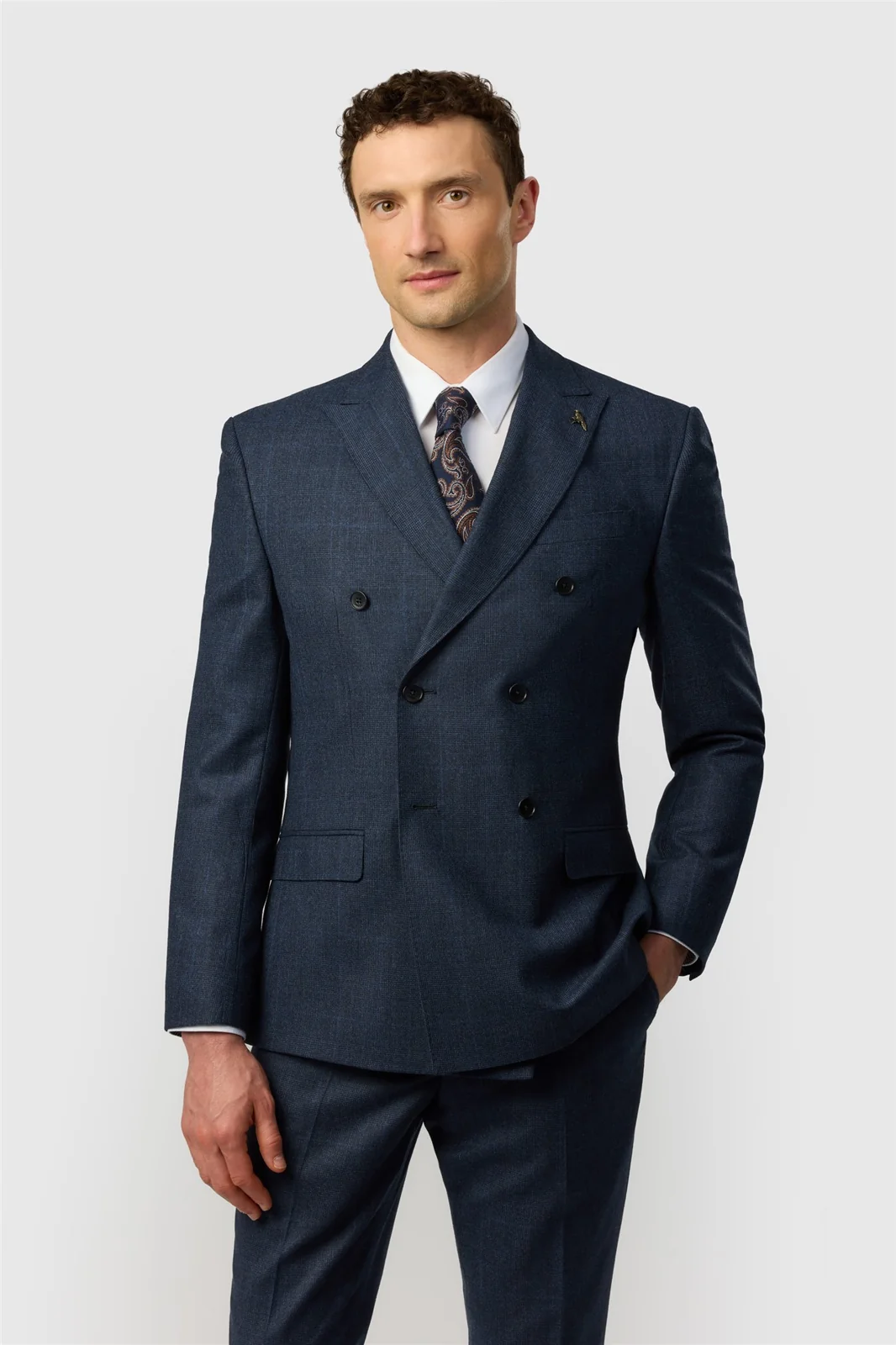 Ted Baker Tailored Fit Navy Prince of Wales Check Double Breasted Jacket