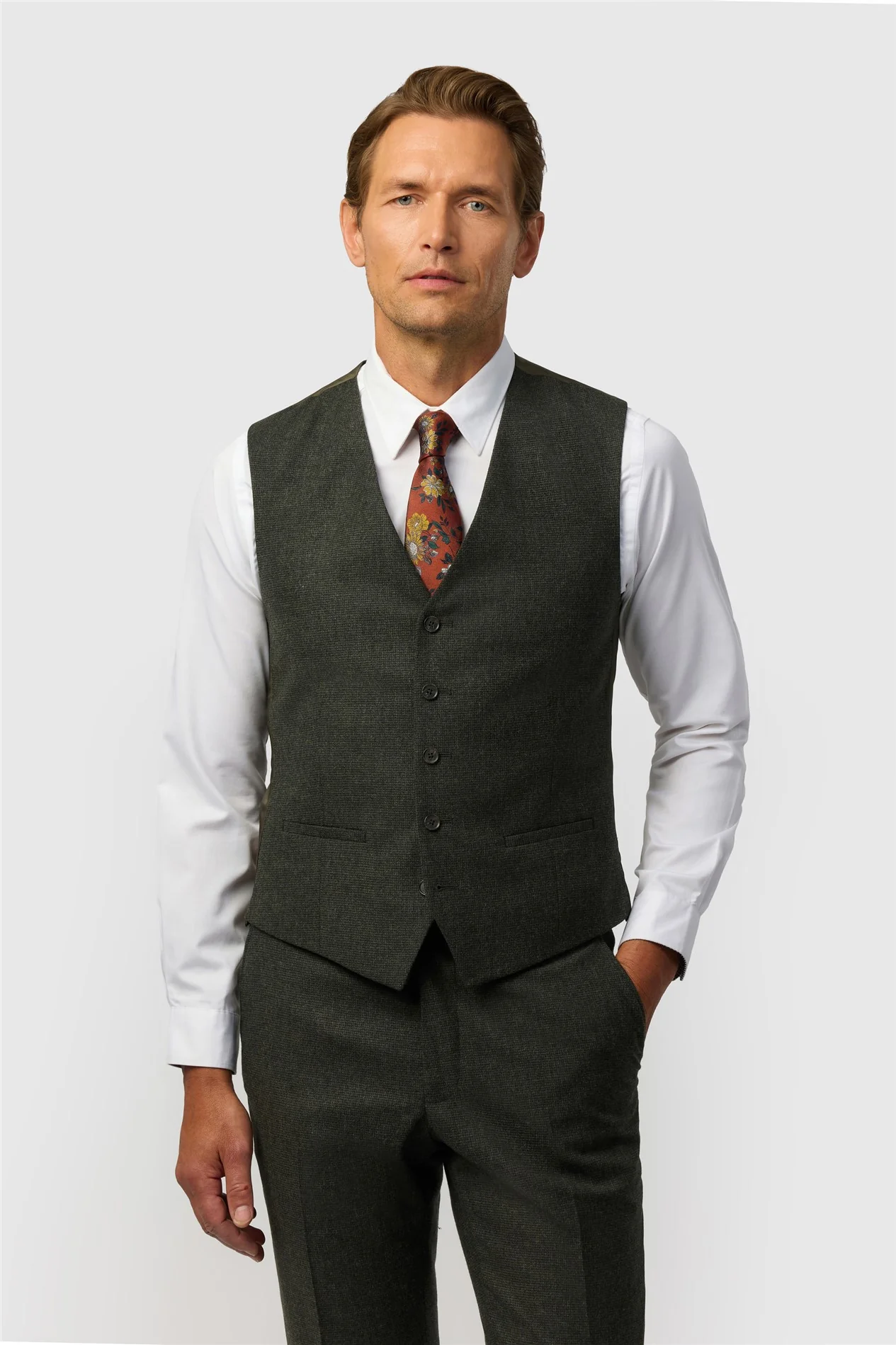 Ted Baker Tailored Fit Olive Texture Puppytooth Waistcoat